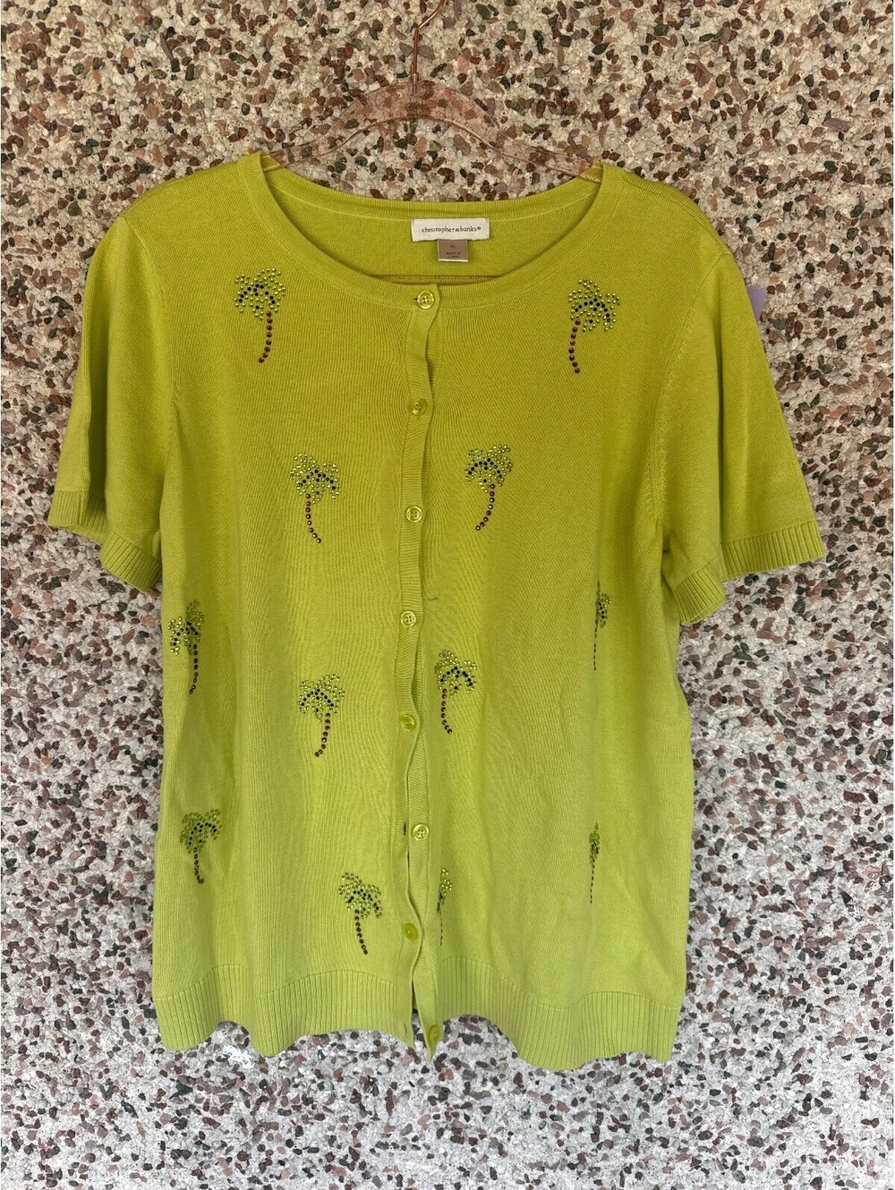 Christopher & Banks XL Green Rhinestone Palm Tree Cardigan Short Sleeve